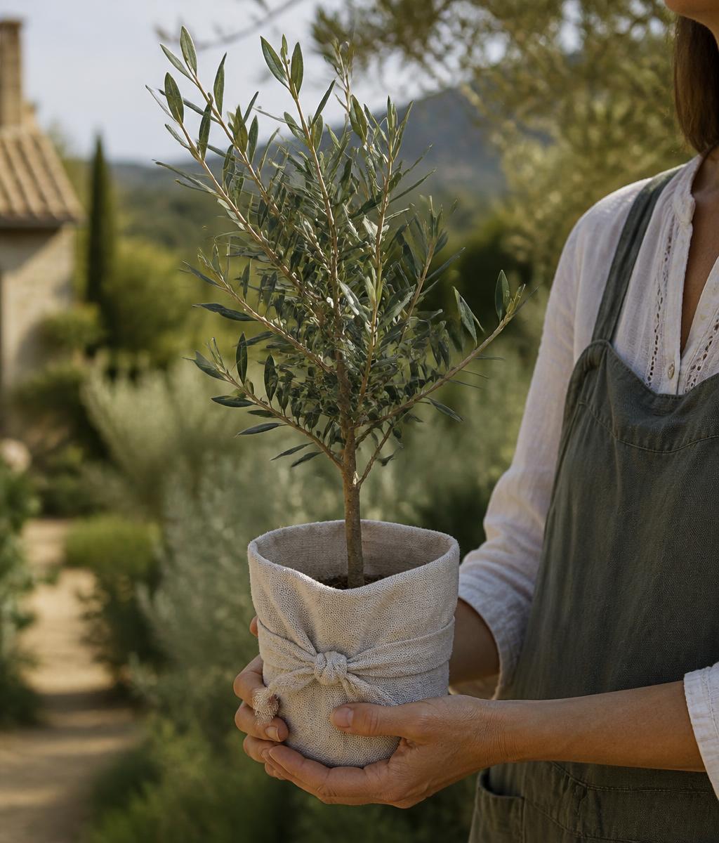 Une femme tenant un jeune olivier en pot enveloppé de lin dans un jardin de Provence